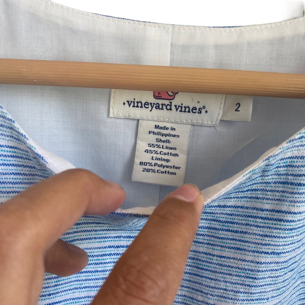Vineyard Vines | Linen Dress Blue and White Stripes Size 2 Fringe Hem - Picture 5 of 7